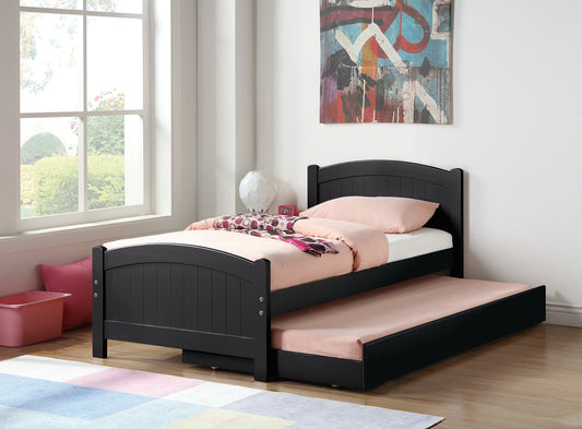 LOVMOR Twin Size Bed with Trundle Slats Black Pine Plywood Kids Youth Bedroom Furniture