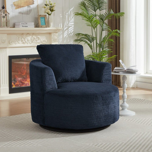 Coolbibila Dark Blue Faux Fur 360 Degree Swivel Accent Chair with Wooden Base for Living Room or Apartment