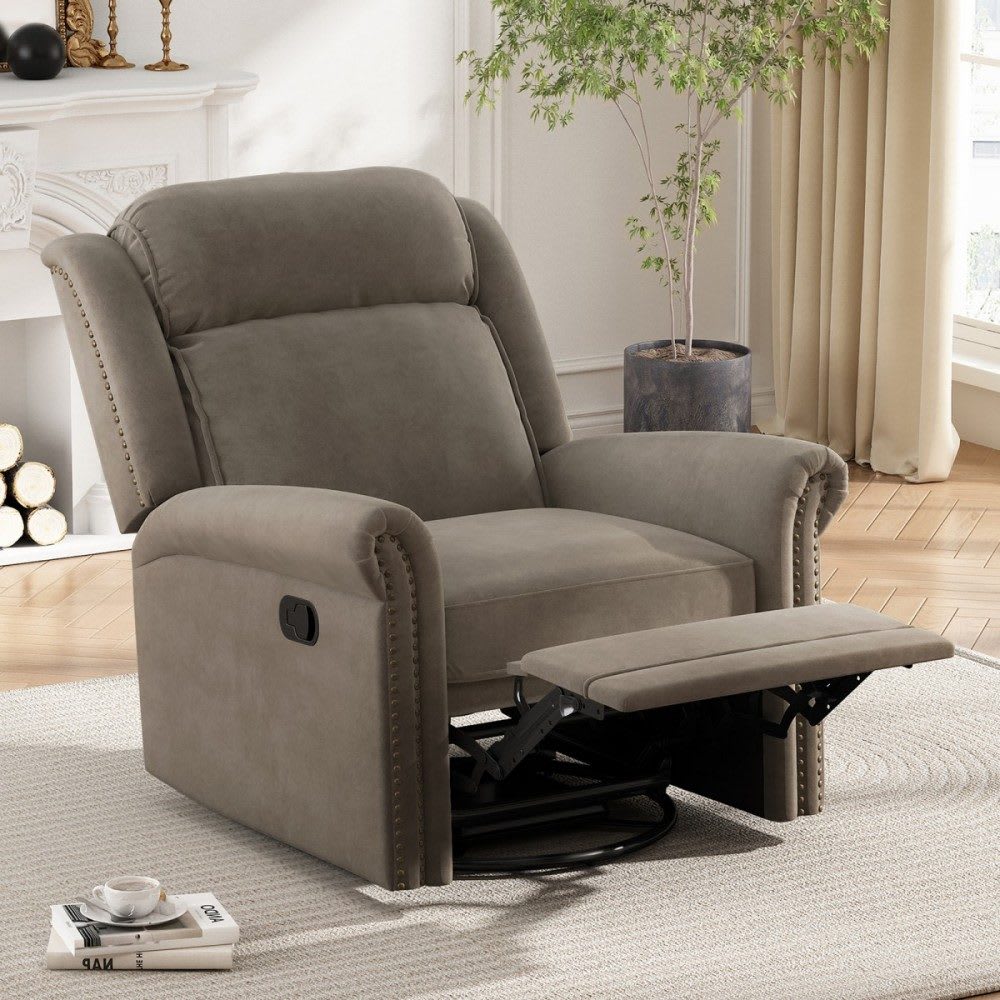 Coolbibila Light Brown Velvet 360 Swivel Manual Rocking Recliner Chair with Adjustable Backrest for Living Room