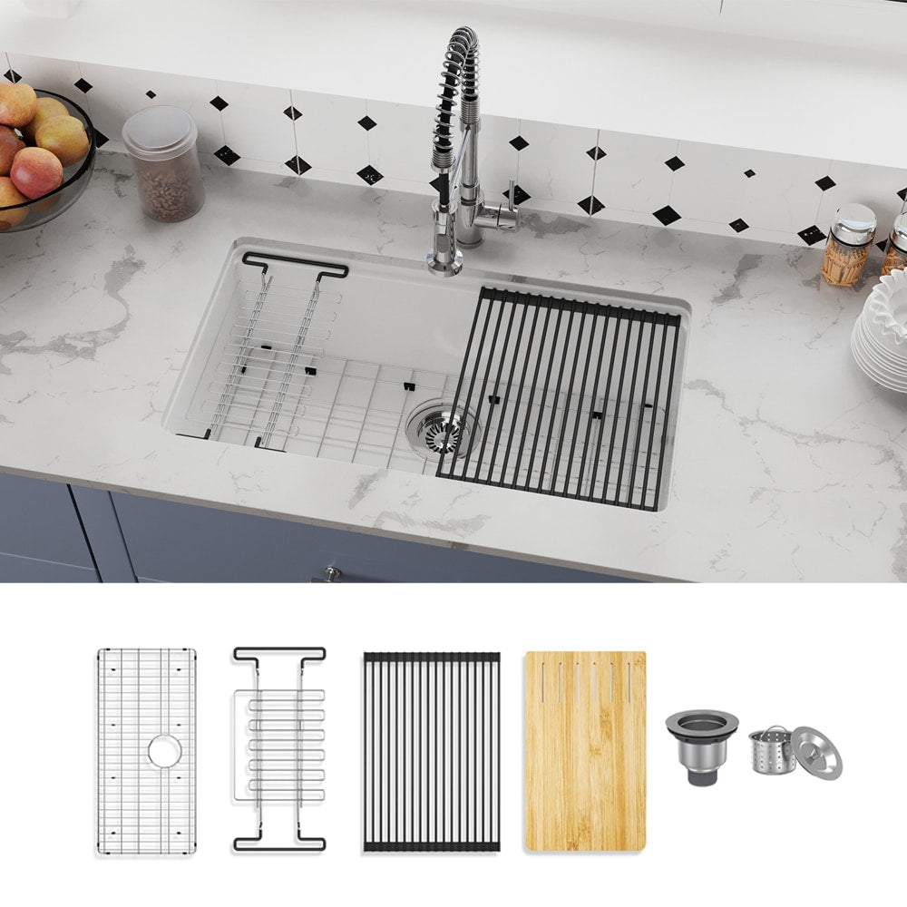 CASAINC Undermount 33-in x 19-in Fireclay Single bowl Workstation Kitchen Sink with Drainboard