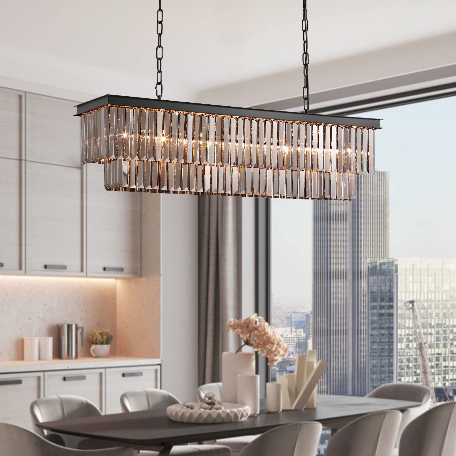 SILJOY 39.4W X 10LX 10H Rectangle Dining Crystal Chandelier with Adjustable Wire K9 Crystals E12 Base Modern Ceiling Light for Kitchen Island