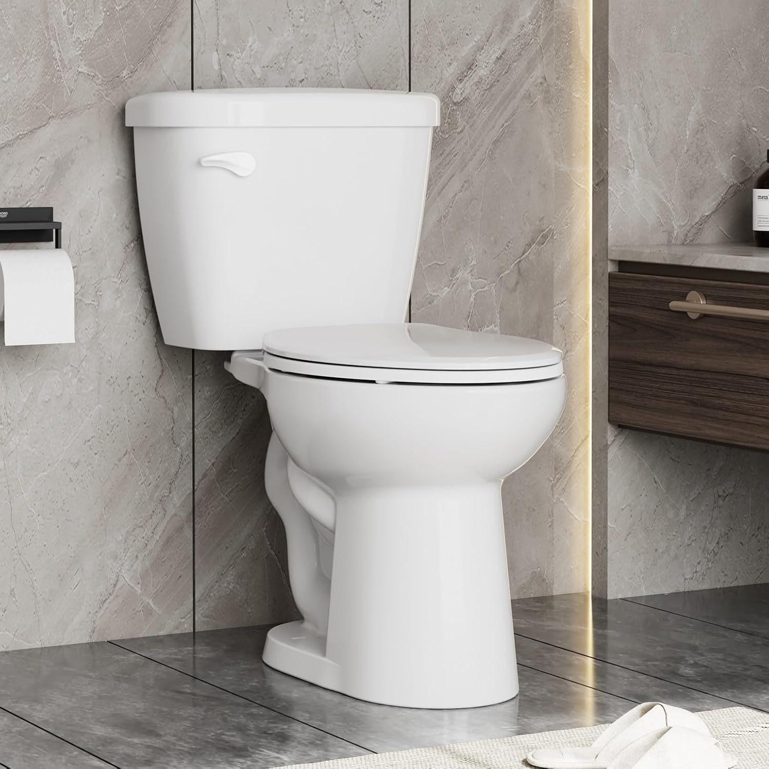 Qeetex Two-Piece Toilet for Bathrooms Elongated Regular High Toilet Bowl with Soft Close Seat/Single Flush 1.28 GPF/Left-Hand Trip Lever 12 Inch Rough In Universal Height Toilet White