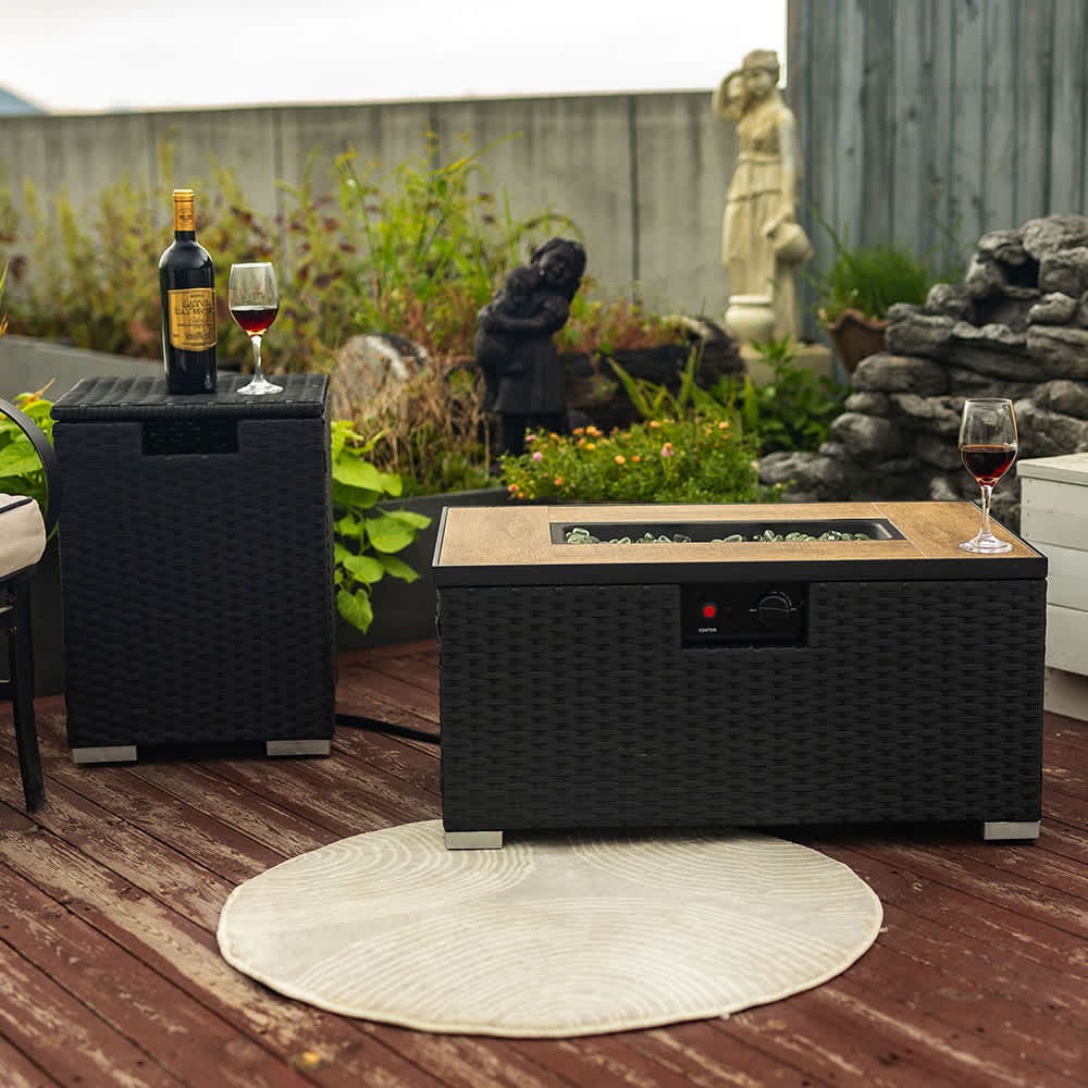 JUJABU Gray 32in Propane Gas Fire Pit Table with 2-Pieces 50000 BTU Rectangular with Beautiful Wicker Base for Outside
