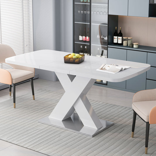 LOVMOR Modern Square Stretchable Dining Table White Top MDF Legs Metal Base