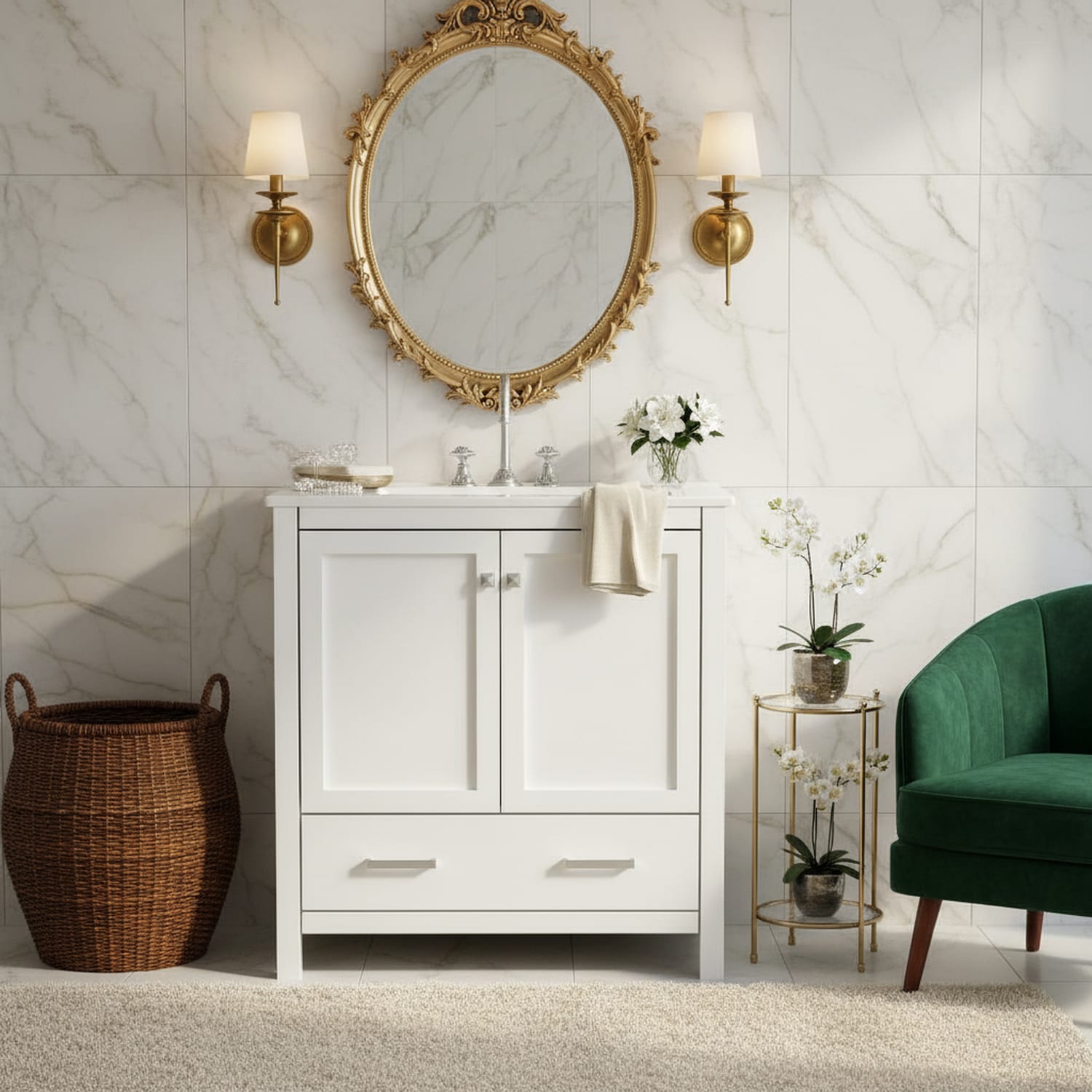 Homy Casa 30 Inch White Bathroom Vanity with Single Sink Solid Wood Cabinet with Undermount Basin Two Doors One Drawer Soft Closing Storage