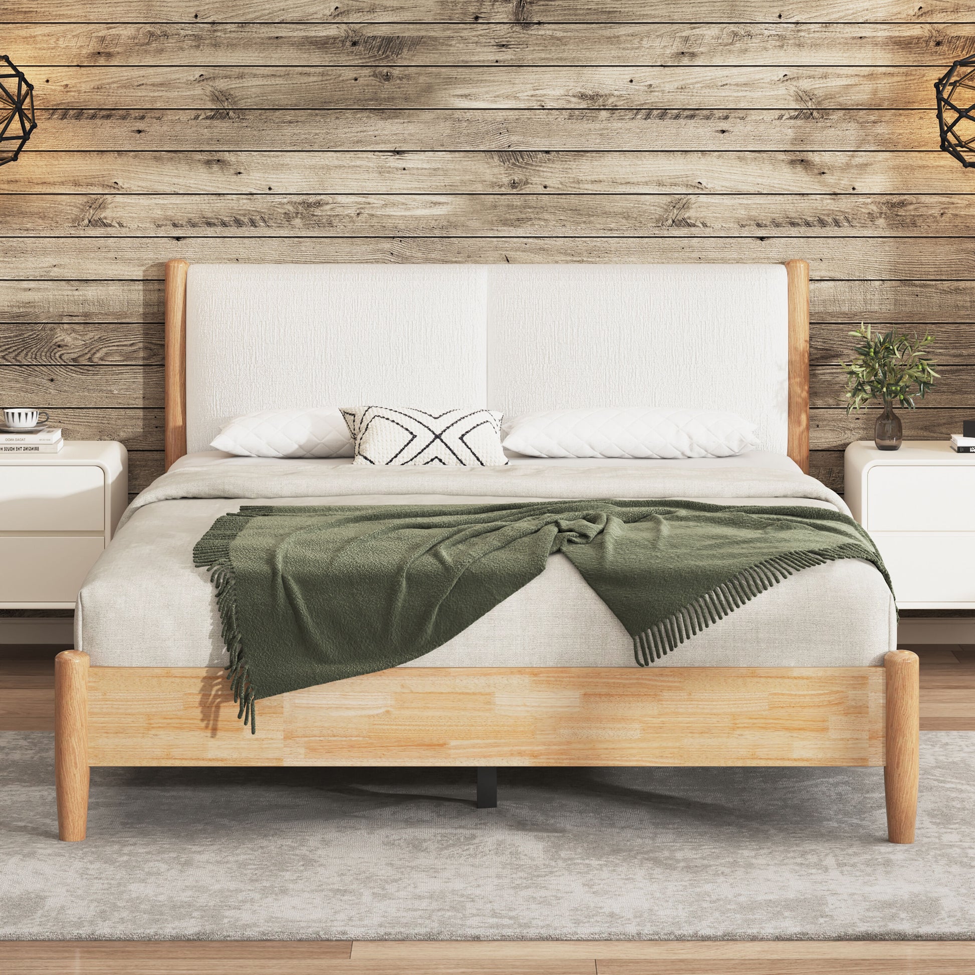 Christopher Knight Home Modern Wood Bed Frame with Cozy Upholstered Headboard and Quiet Slat Support - Queen - White and Natural