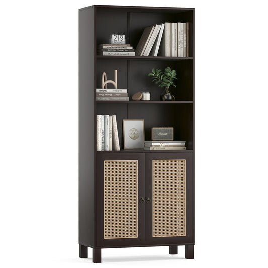 Tatayosi Tall Bookcase with Rattan Doors 5 Tier Storage Wood Shelves Large Bookshelf for Library Living Room Bedroom Home Office Walnut