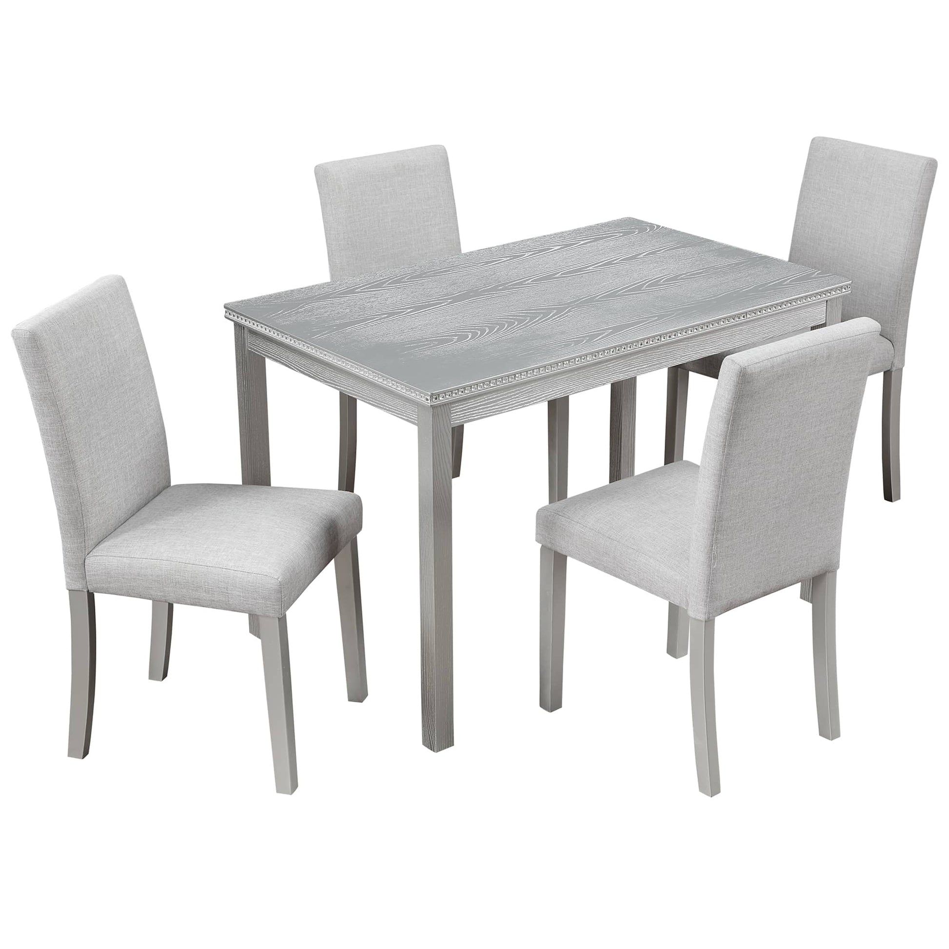Vynxaria  5 Piece Wooden Dining Table Set Rectangular Table with 4 Upholstered Chairs Crystal Decoration for Kitchen Dining Room Silver Grey 330lbs Capacity