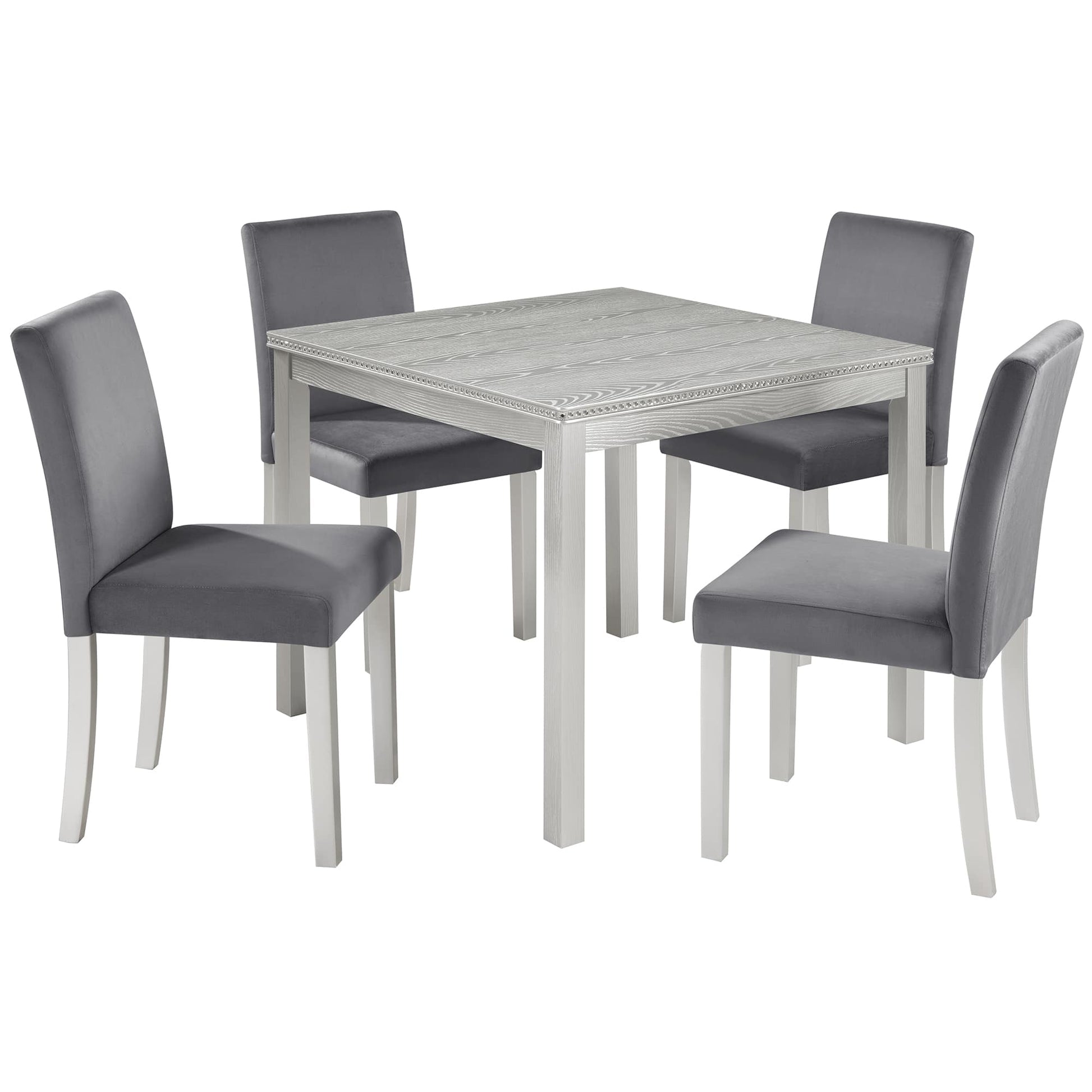Vynxaria  5 Piece Wooden Dining Table Set Square Table with 4 Upholstered Chairs Crystal Decoration for Kitchen Dining Room Silver Grey 330lbs Capacity