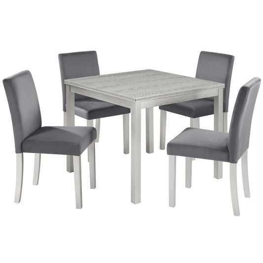 Vynxaria  5 Piece Wooden Dining Table Set Square Table with 4 Upholstered Chairs Crystal Decoration for Kitchen Dining Room Silver Grey 330lbs Capacity