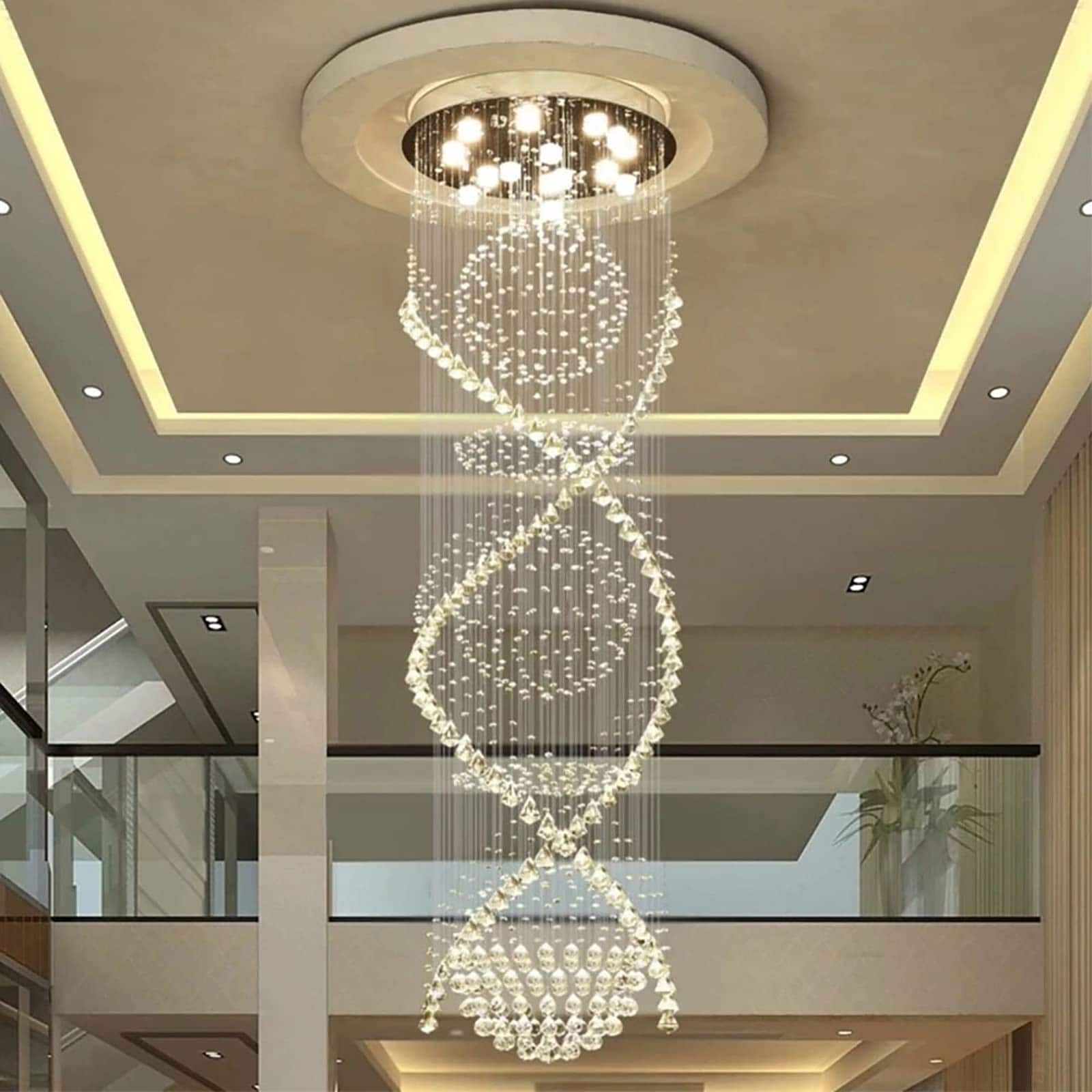 SILJOY Chandelier for Staircase Luxury Large Foyer Chandelier Modern Crystal Raindrop Chandeliers Flush Mount Ceiling Light Fixtures for Spiral Staircase Foyer Entryway High Ceiling