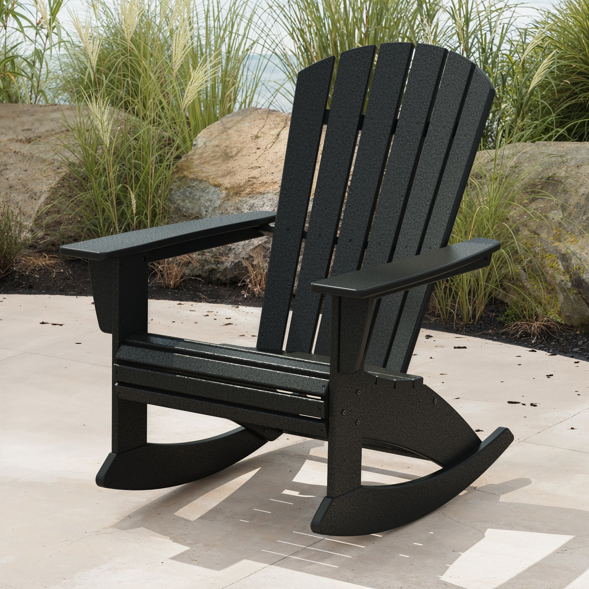 POLYWOOD Nautical Black Plastic Frame Rocking Chair with Slat Seat