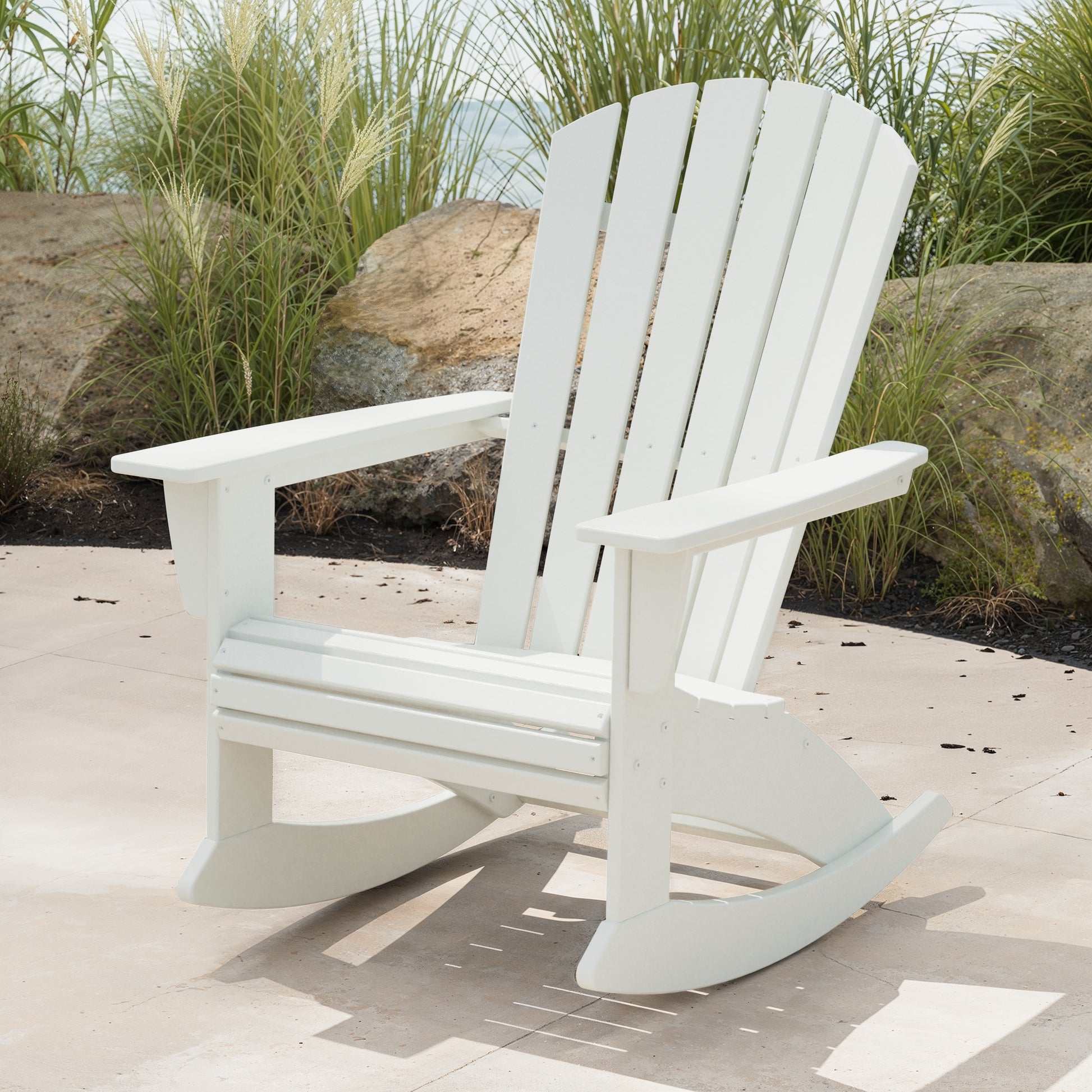 POLYWOOD Nautical White Plastic Frame Rocking Chair with Slat Seat