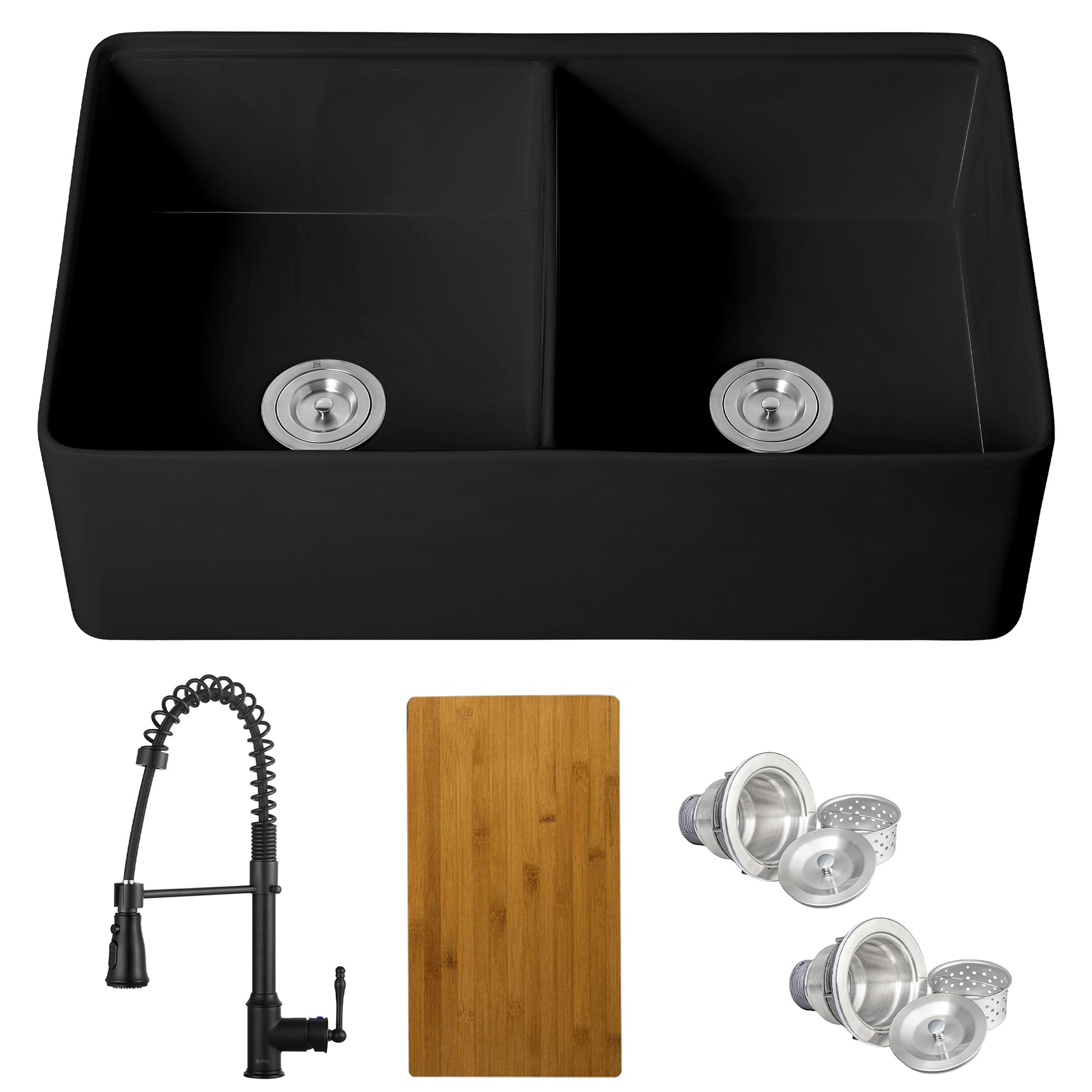 AKDY Fireclay Sink Farmhouse apron front 33-in x 20-in Fireclay Double equal bowl Workstation Kitchen Sink All-in-One Kit