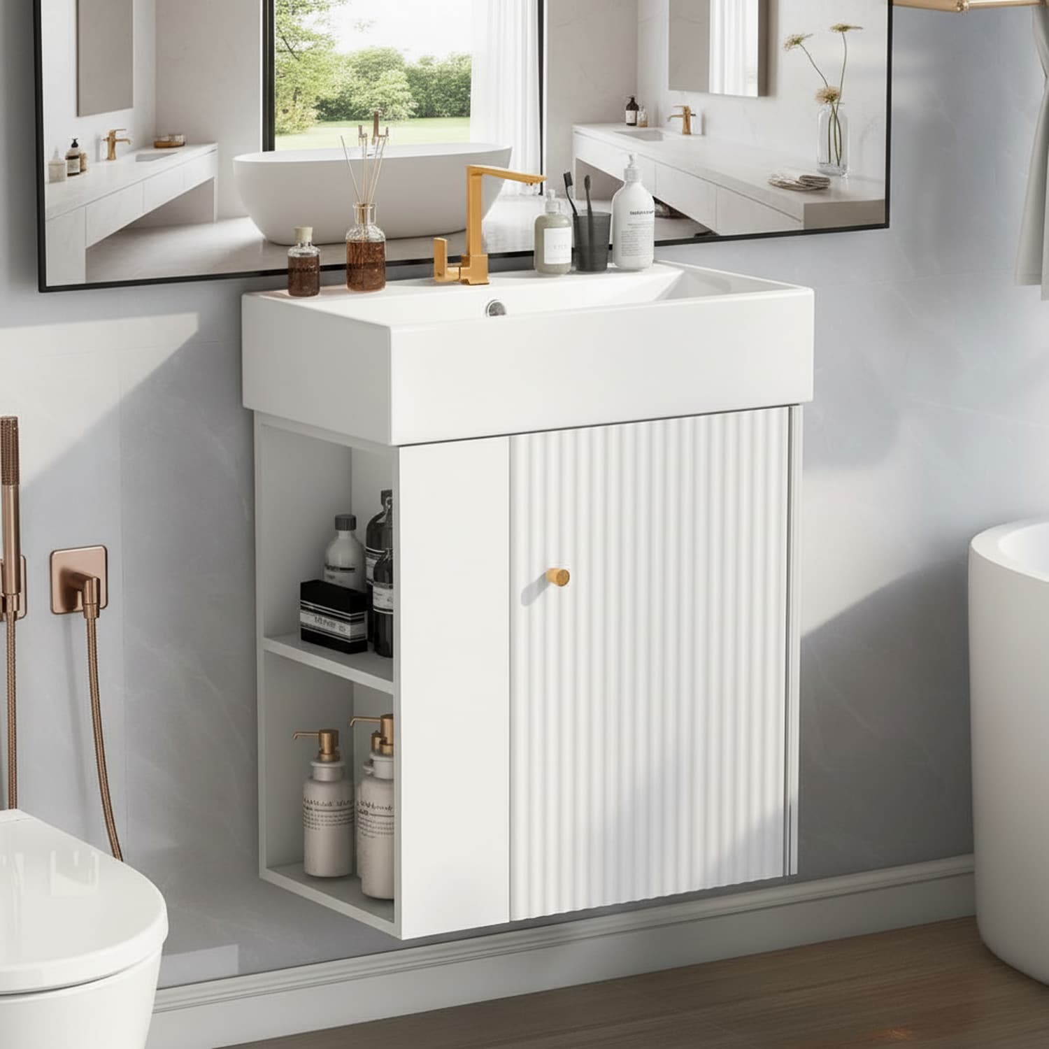 Homy Casa 21.6 inch Modern Floating Bathroom Vanity with Ceramic Basin Perfect for Small Bathrooms Left Side Storage