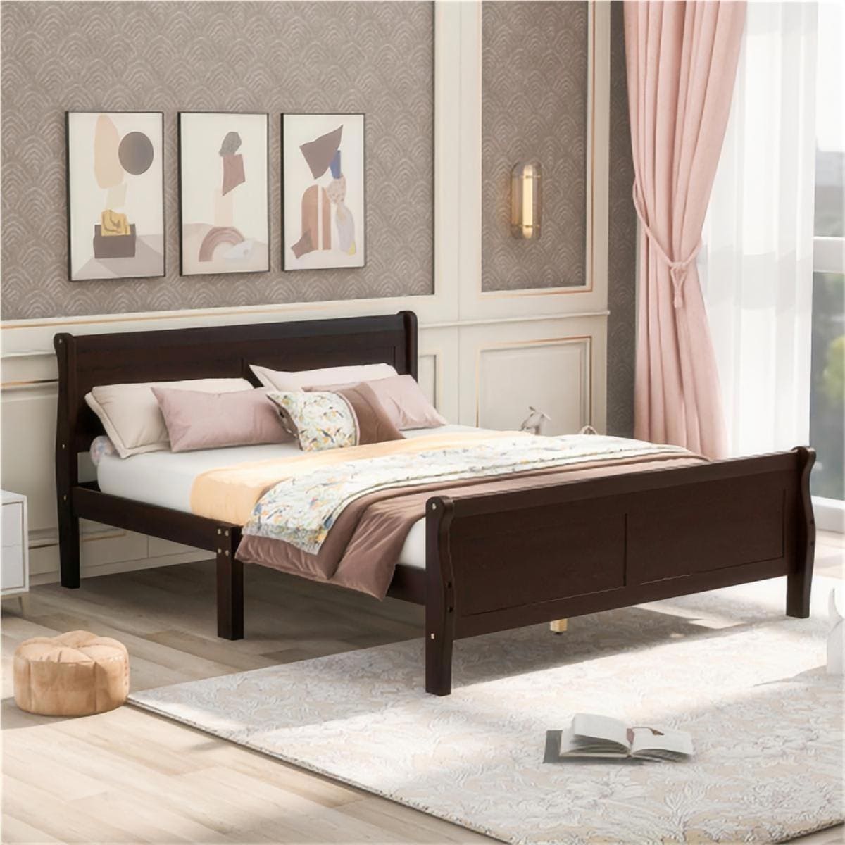 CIPACHO  Full Size Wood Platform Bed with Headboard and Wooden Slat Support Espresso