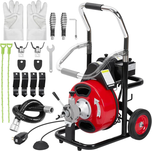 Qeetex Drain Cleaner Machine 75FT 1-2Inch Sewer Snake Cleaning Machine Fits 1 to 4 Inch Pipes Portable Electric Drain Auger Cleaner with Gloves 4 Cutters Auto-Feed Clog Remover Plumbing Tool