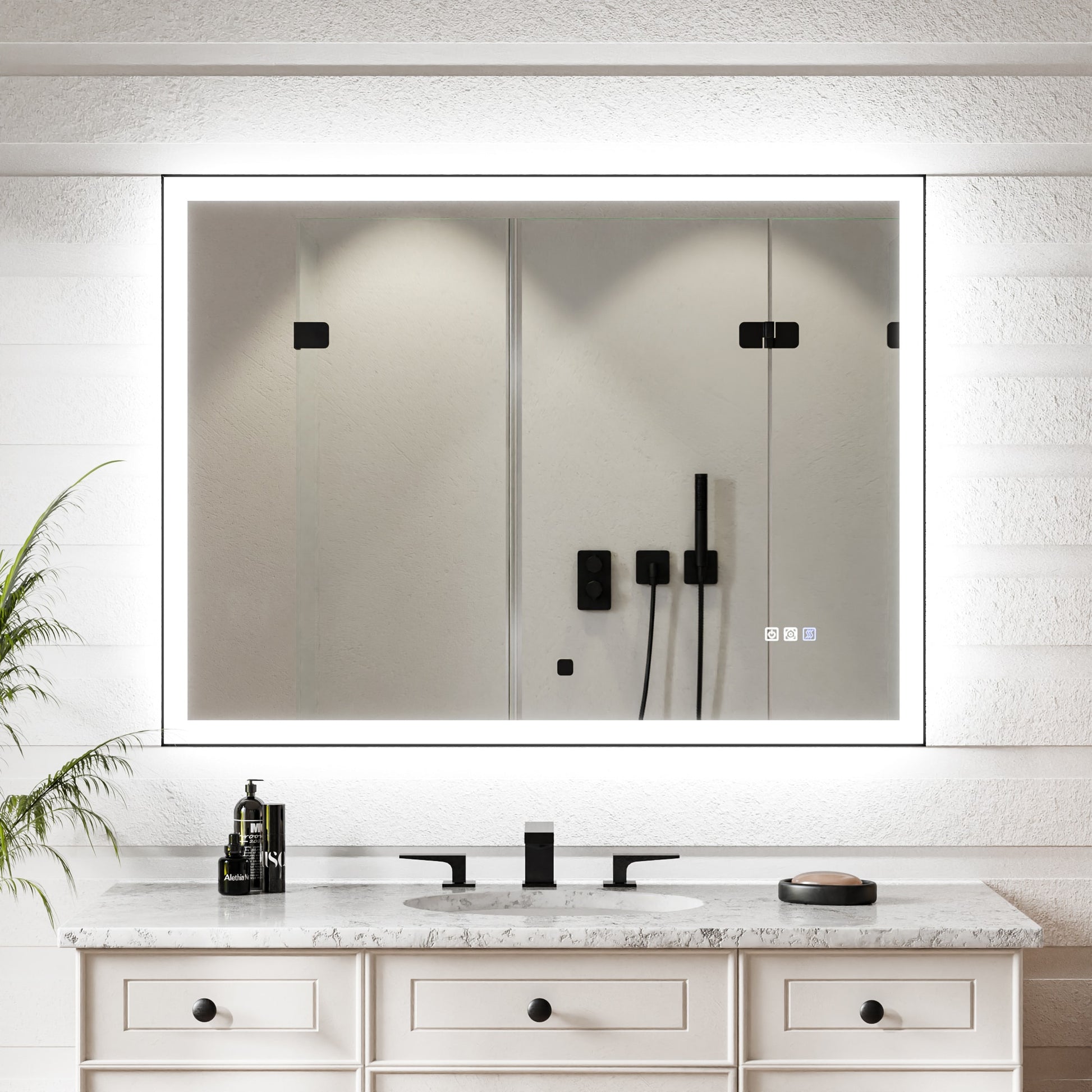 ES-DIY Flaira 48-in x 36-in Framed Rectangle Dimmable LED Lighted Fog Free Bathroom Vanity Mirror ( Black )