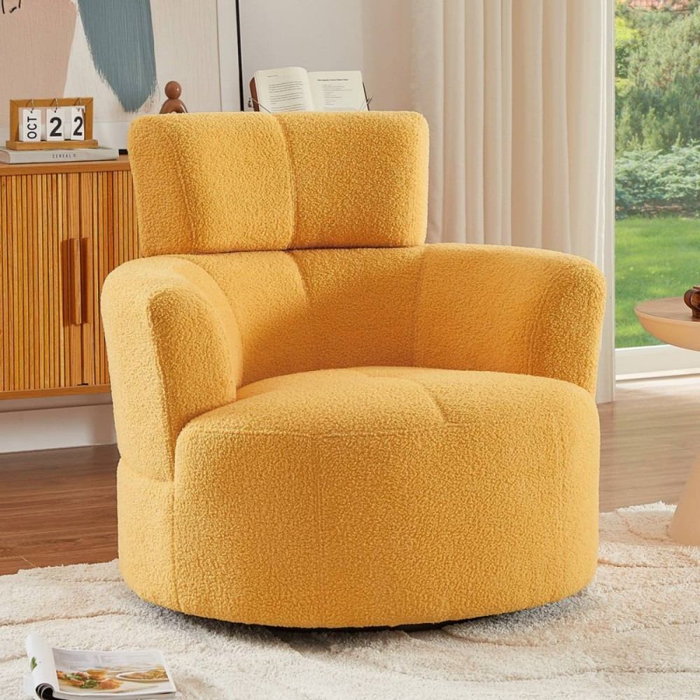 Coolbibila Modern Yellow Upholstered Swivel Accent Chair with Round Barrel Design and Adjustable Headrest