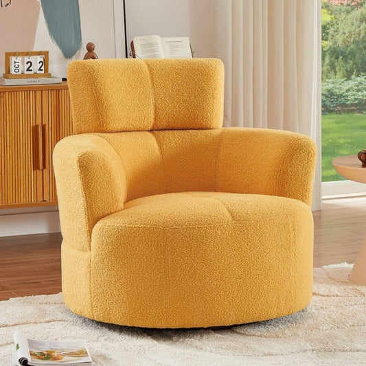 Coolbibila Modern Yellow Upholstered Swivel Accent Chair with Round Barrel Design and Adjustable Headrest