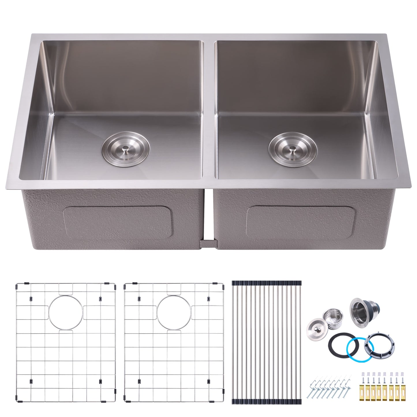 Hukoro UM Drop-in or undermount 33-in x 19-in Stainless steel Double equal bowl 16 -Gauge Workstation Kitchen Sink
