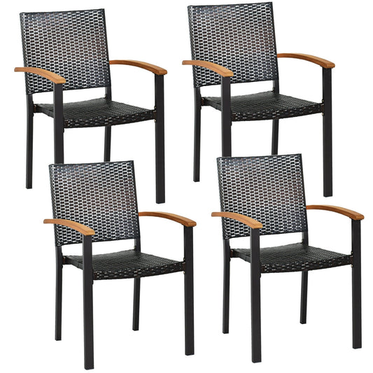 Slickblue Set of 4 Mix-Brown- PE Rattan Patio Dining Chairs with Acacia Wood Armrests and Steel Frame for Garden Patio Balcony or Poolside