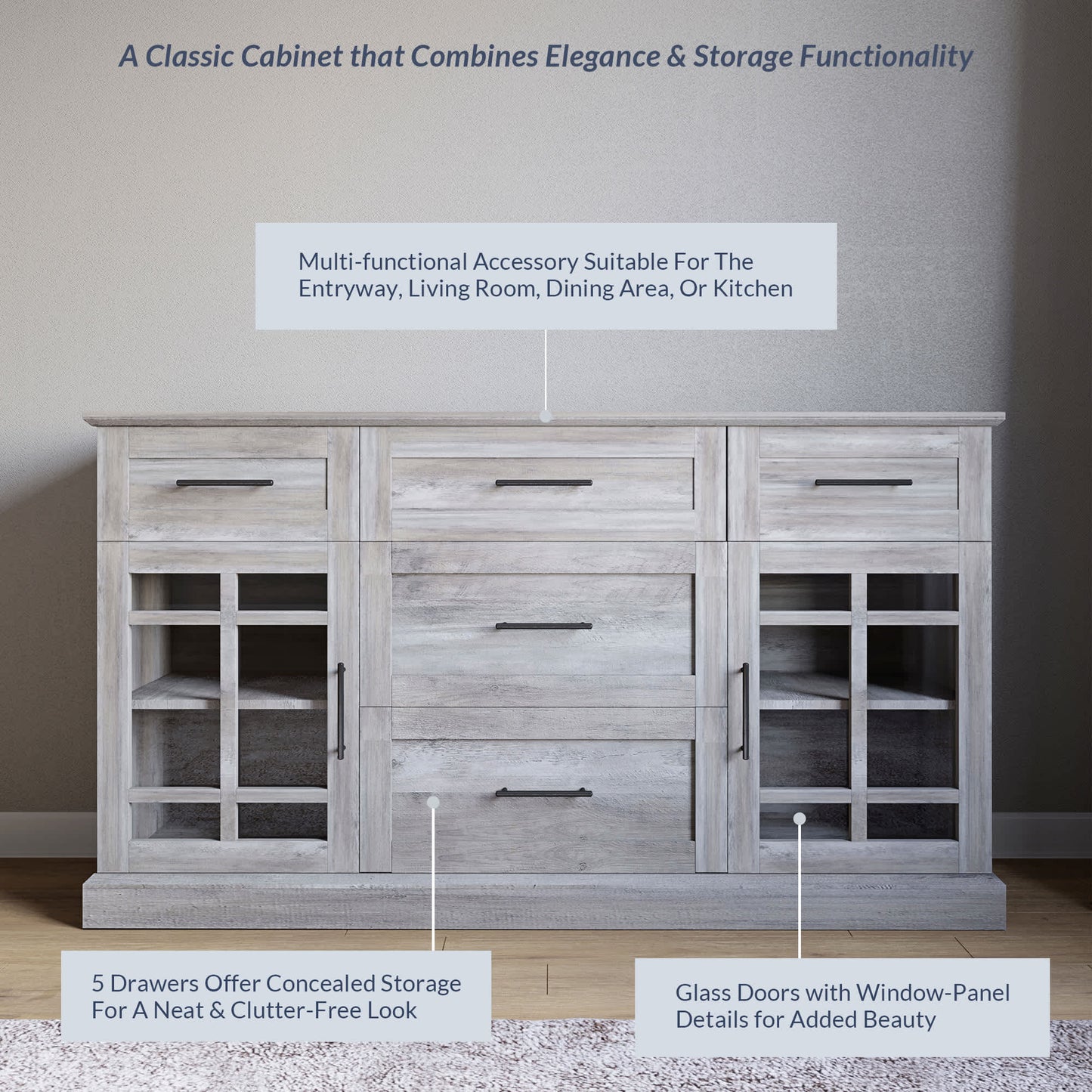 Belleze  58 Inch Sideboard Buffet Console Table Versatile Media Cabinet Gray Wash