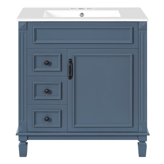 Vynxaria  30 in Single Freestanding French Blue Bathroom Vanity with White Ceramic Top Soft Close Doors Two Drawers Adjustable Shelf Space Saving Small Bath Cabinet
