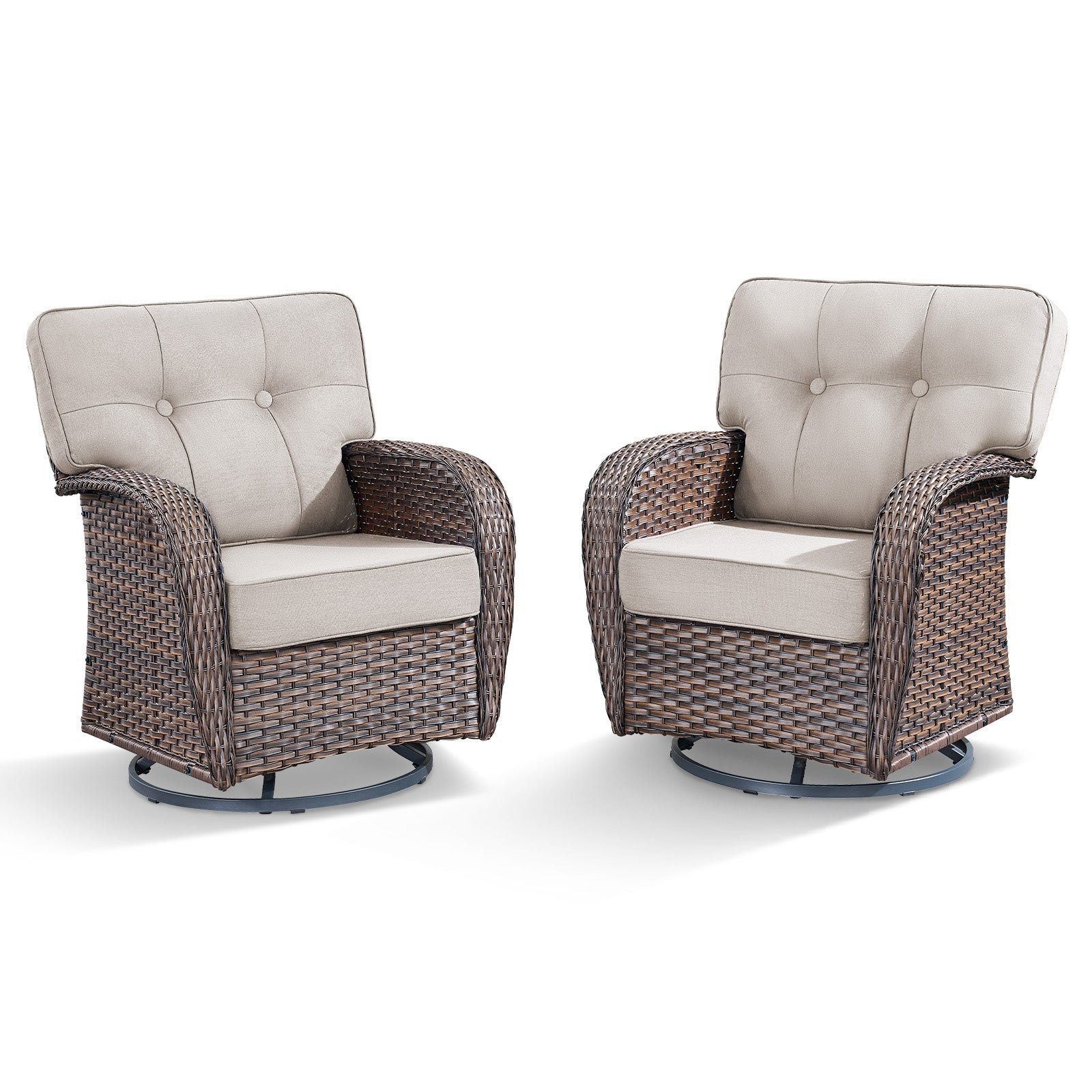 Rilyson Set of 2 Rattan Brown Stainless steel Frame Swivel glider Conversation Chair with Beige Cushioned Seat