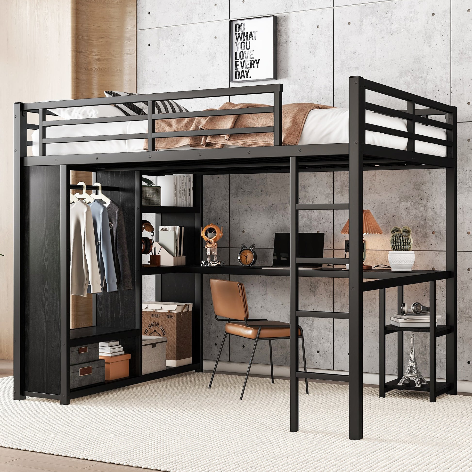 GDFStudio Minimal Queen Size Metal Loft Bed Frame with Built-in Wardrobe and Storage Shelves Black
