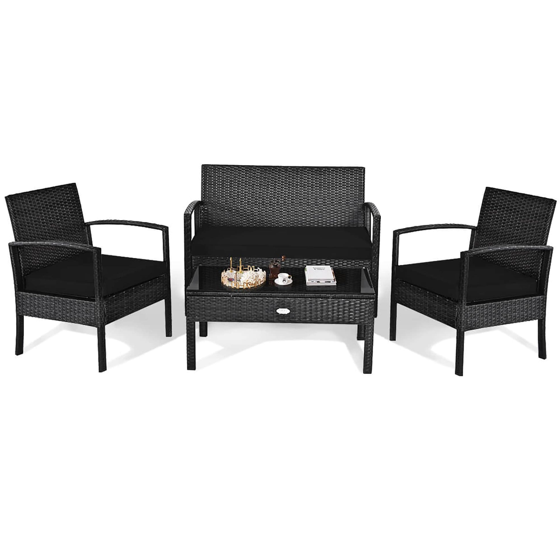 Costway 4 -Piece Rattan Patio Conversation Set with Black Cushions