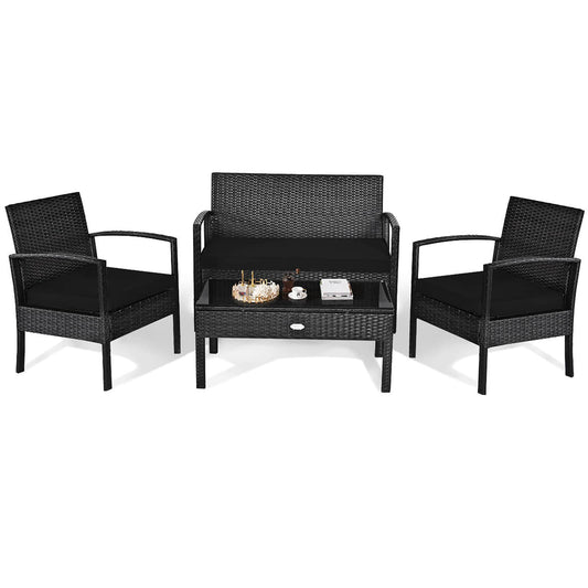 Costway 4 -Piece Rattan Patio Conversation Set with Black Cushions