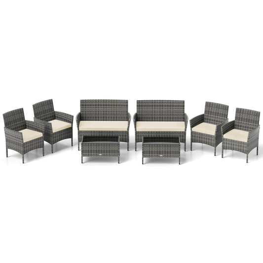 Costway 8 -Piece Rattan Patio Conversation Set with Beige Cushions