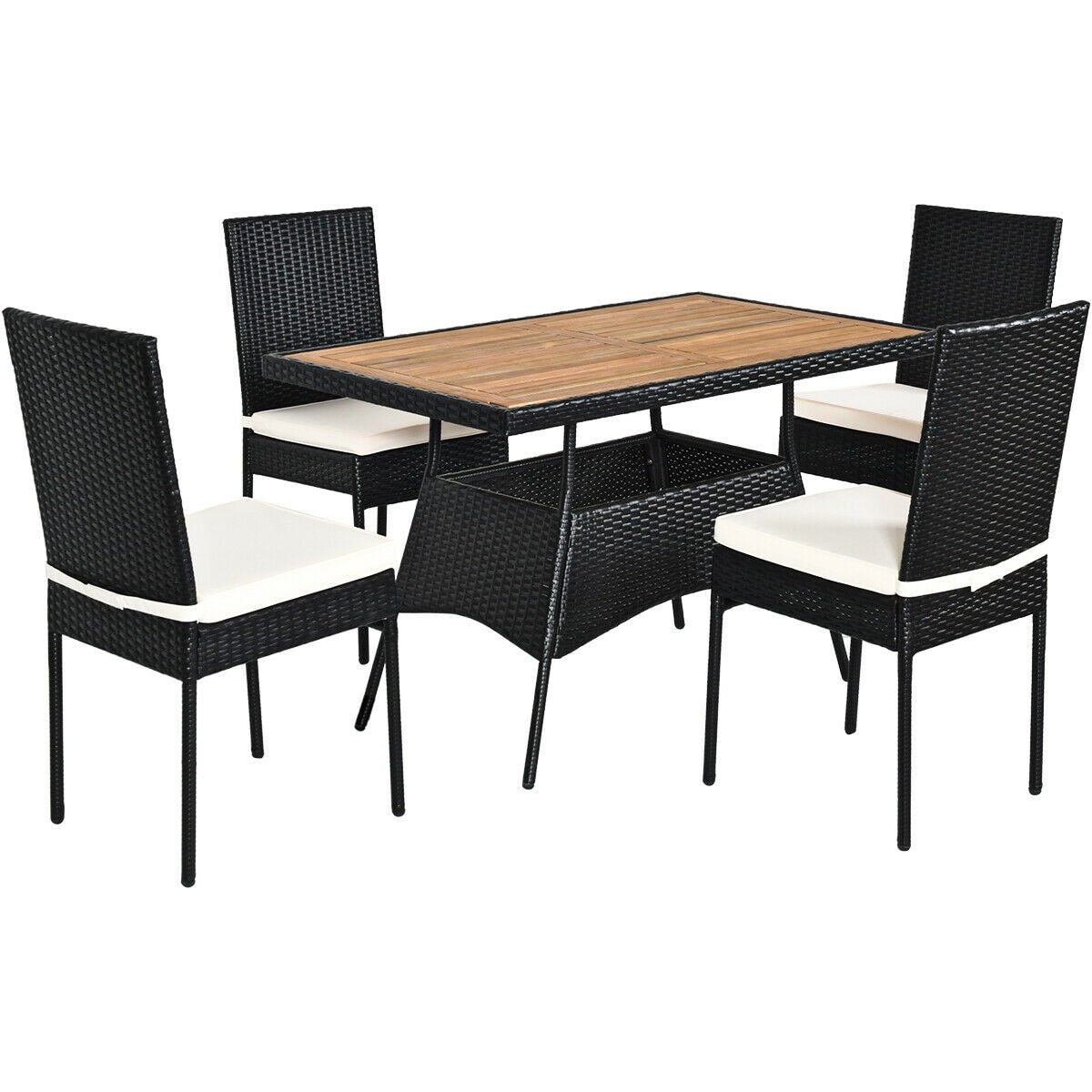 Slickblue 5-Piece PE Wicker Rattan Patio Dining Set Acacia Wood Table with 4 Cushioned Chairs for Garden Black/Brown