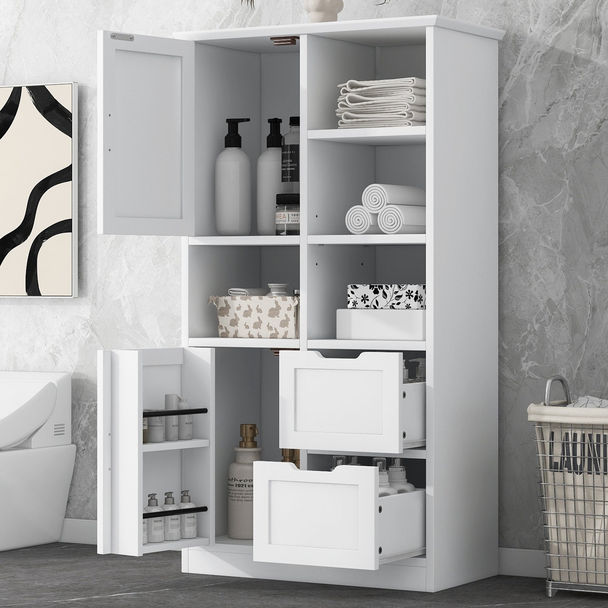 Dexmalle  31-in x 62-in x 16-in White Freestanding Bathroom Storage Cabinet