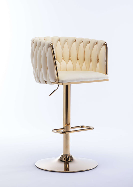 Vynxaria  Ivory Velvet Gold Chrome Swivel Bar Stool Set of 2 Adjustable Height 25-33in with Footrest