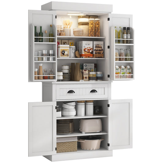 Tatayosi 71-in Kitchen Pantry Cabinet with Motion Sensor Light  Tall Storage Cabinet with 6 Door Shelves  a Drawer and 4 Adjustable Shelves  for Living Room  Dining Room  White