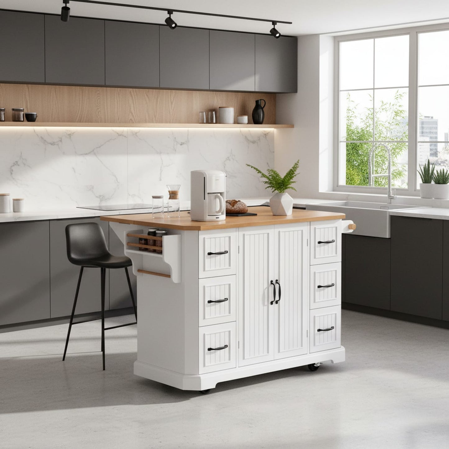 Homy Casa 56 inch Kitchen Island with Drop Leaf Power Outlet 4 Door Shelves Rolling Cart on 4 Wheels 6 Drawers White