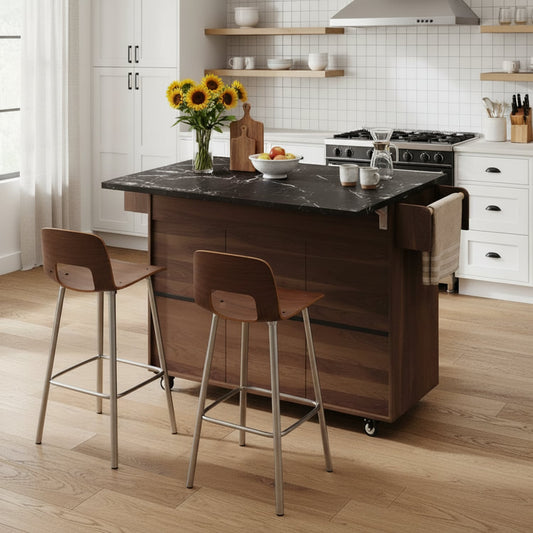 Homy Casa Walnut Brown Kitchen Island with Storage Drop Leaf Rolling Cart with Shelf