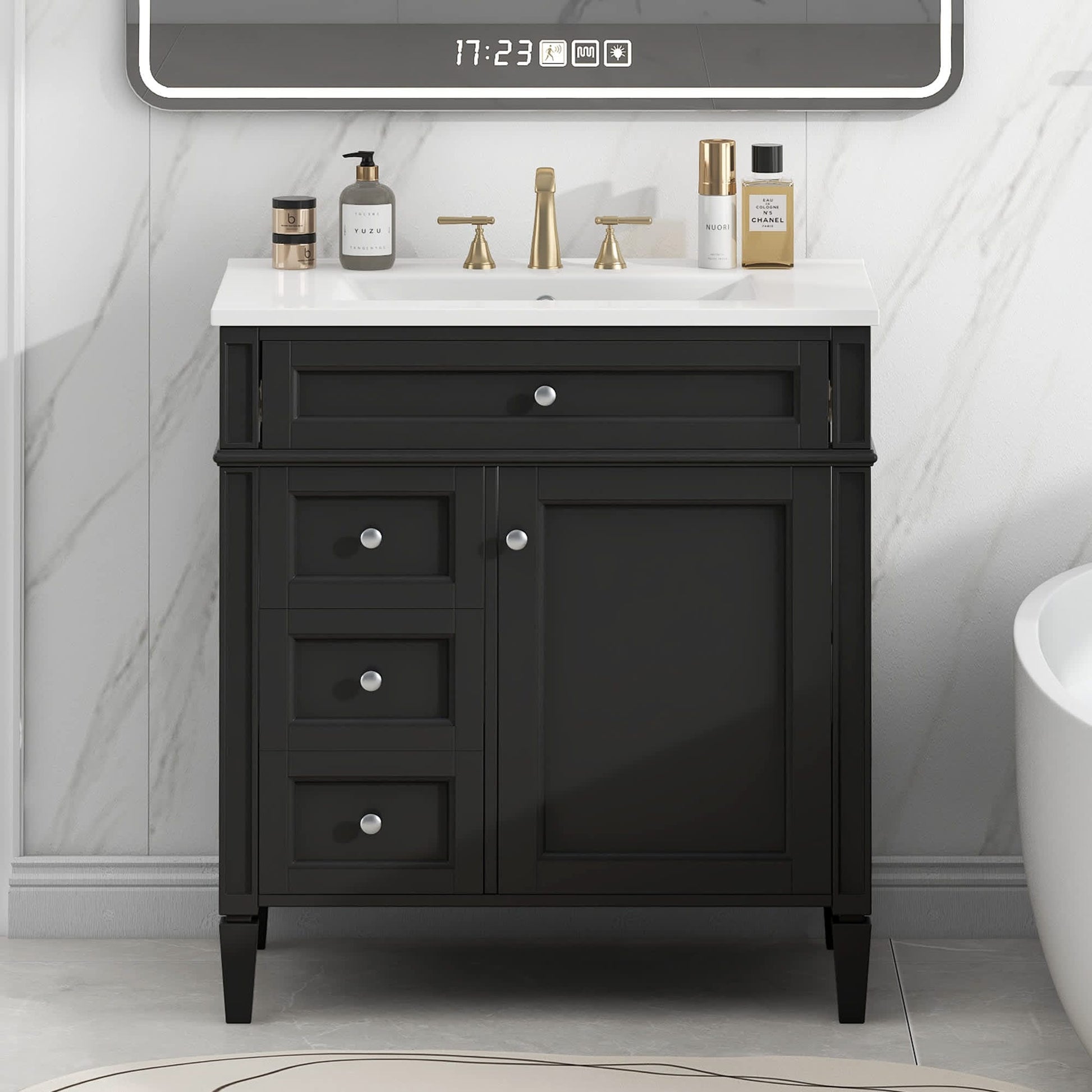 Vynxaria  30inch Bathroom Vanity With Top Sink 2 Drawers 1 Tip out Drawer Cabinet Door Organizer Modern Storage Cabinet Single Sink Black