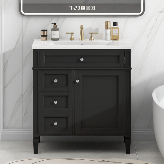Vynxaria  30inch Bathroom Vanity With Top Sink 2 Drawers 1 Tip out Drawer Cabinet Door Organizer Modern Storage Cabinet Single Sink Black