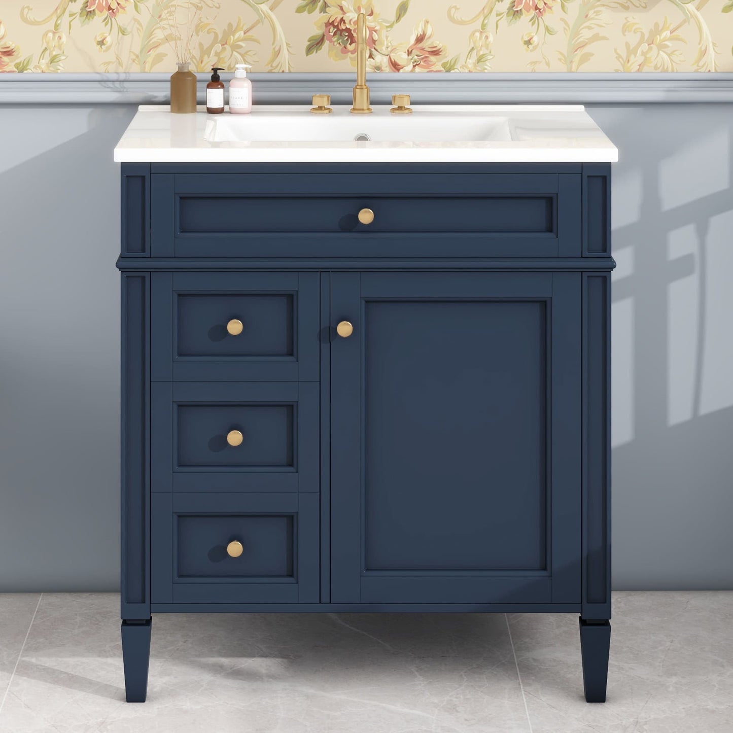 Vynxaria  30inch Bathroom Vanity With Top Sink 2 Drawers 1 Tip out Drawer Cabinet Door Organizer Modern Storage Cabinet Single Sink Dark Blue