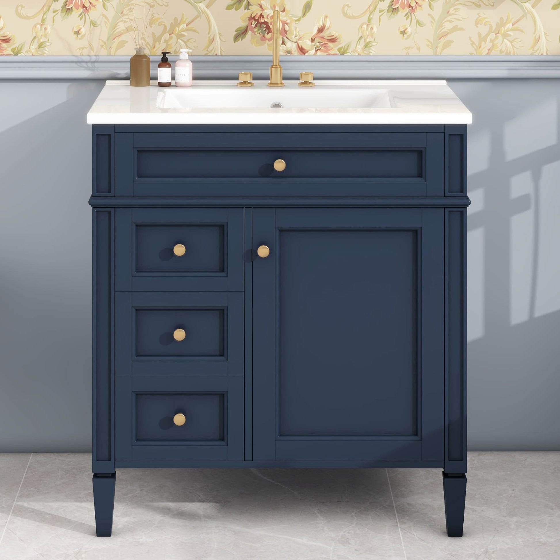 Vynxaria  30inch Bathroom Vanity With Top Sink 2 Drawers 1 Tip out Drawer Cabinet Door Organizer Modern Storage Cabinet Single Sink Dark Blue