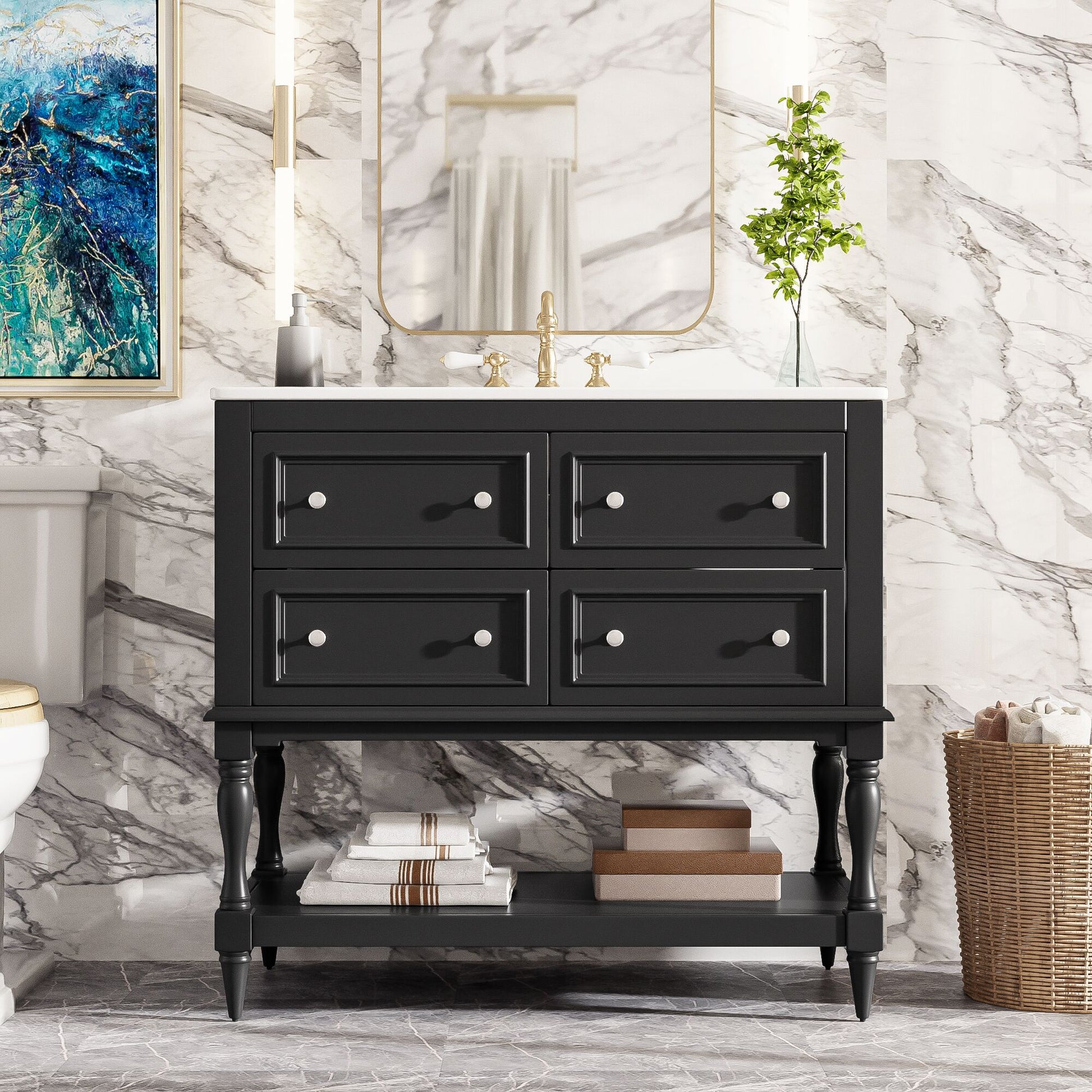 Vynxaria  36inch Bathroom Vanity Cabinet With Sink Combo Undermount Ceramic Sink 4 Drawers Solid Wood Frame Free Standing Black Bathroom Cabinet