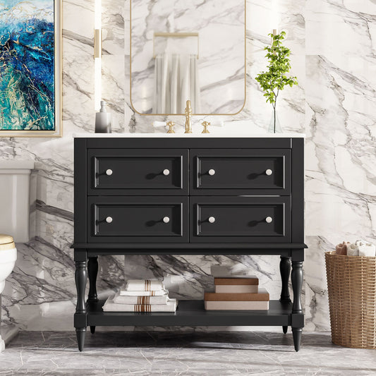 Vynxaria  36inch Bathroom Vanity Cabinet With Sink Combo Undermount Ceramic Sink 4 Drawers Solid Wood Frame Free Standing Black Bathroom Cabinet