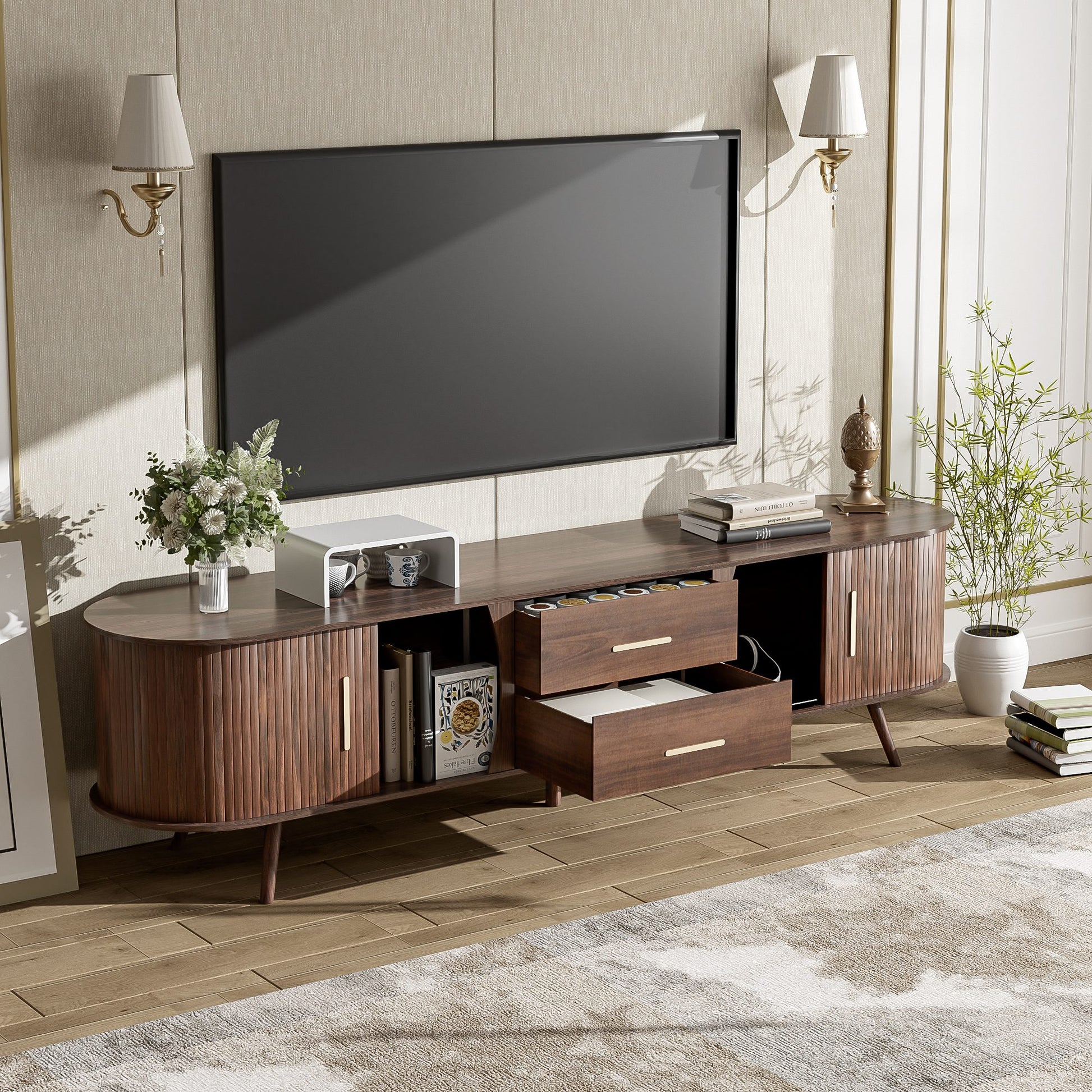 Dexmalle  Modern Dark Brown TV Stand for 80Inch TV with 2 Drawers