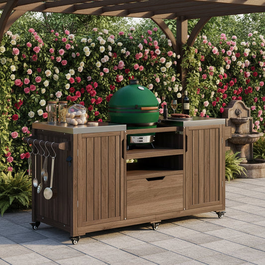 Homy Casa 66.5 Inch Outdoor Kitchen Island Solid Wood Grill Cart Stainless Steel Top Drawer Compatible with Big Green Egg Kamado Joe Dark Brown