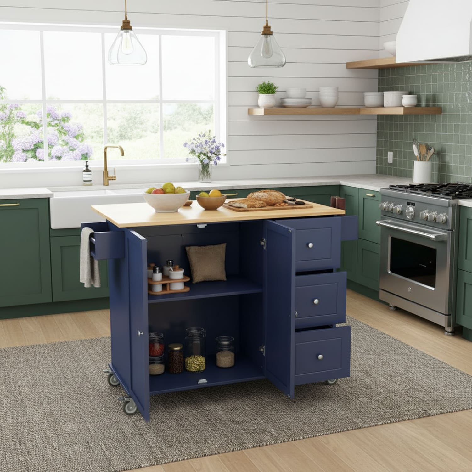 Homy Casa Rolling Mobile Kitchen Island with Drop Leaf Solid Wood Top Locking Wheels and Storage Cabinet 52.7 Inch Width Dark Blue