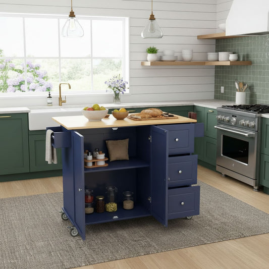 Homy Casa Rolling Mobile Kitchen Island with Drop Leaf Solid Wood Top Locking Wheels and Storage Cabinet 52.7 Inch Width Dark Blue