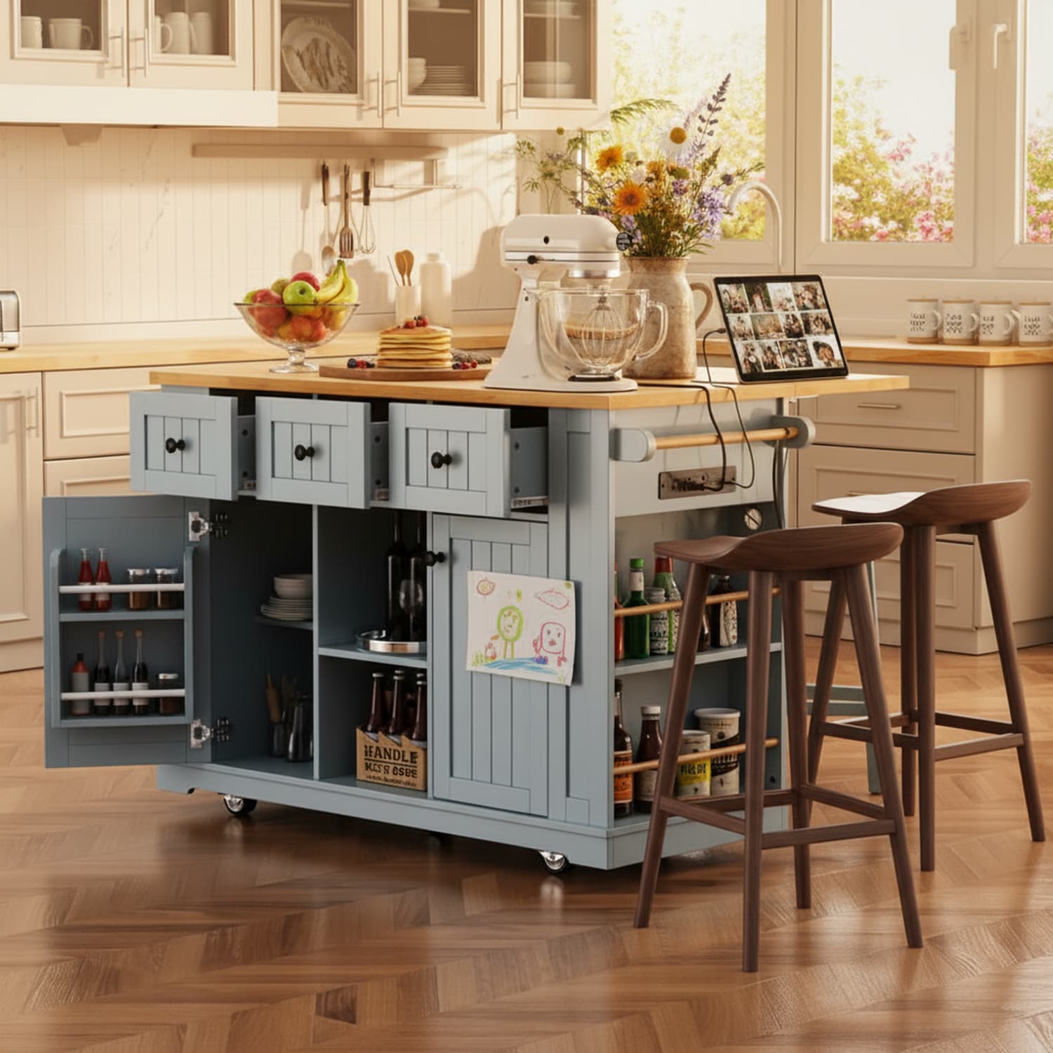 Homy Casa 53inch Kitchen Island with Drop Leaf Power Outlet Storage Racks on 5 Wheels Grey Blue No Bar Stools